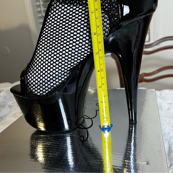 New Ellie Black 7” Fishnet Rhinestone Stiletto Platform Bootie Heels sz 10 - Picture 8 of 11